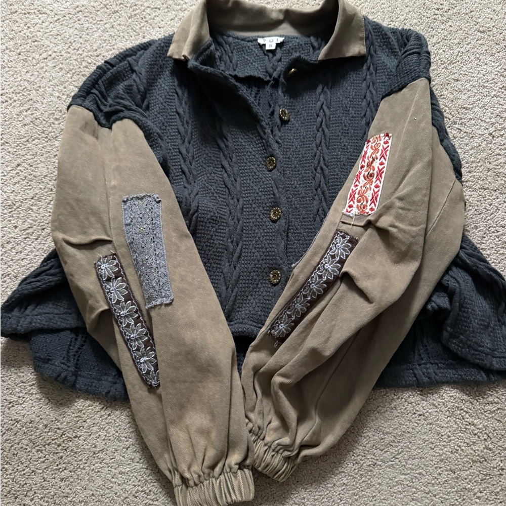 POL Blue and Tan Patchwork Shacket - Picture 3 of 6